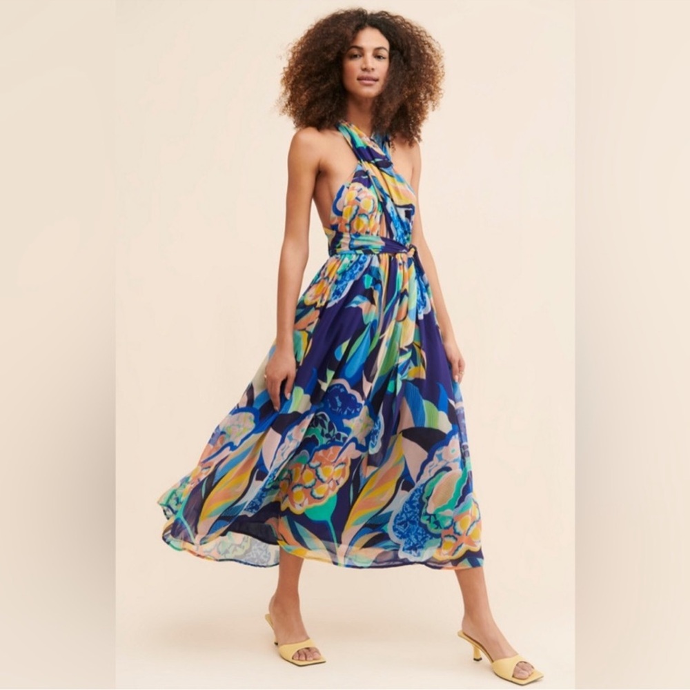 Anthropologie Blue Floral Halter Backless Midi Dress